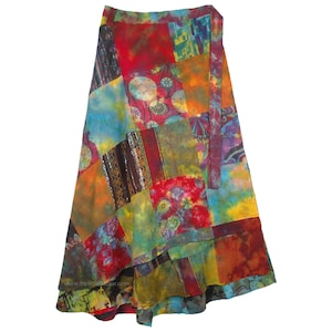 Plus Size Multicolor Patchwork Womens Wrap Around Skirt in Pure Cotton Fabric Summer Festive Wear