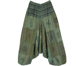 Pantalon de sarouel en coton unisexe avec patchwork rayé et symboles mystiques en vert