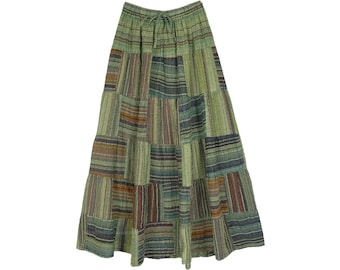 Seersucker Cotton Patchwork Long Skirt in Olive Green with Raddish Stripes One Size