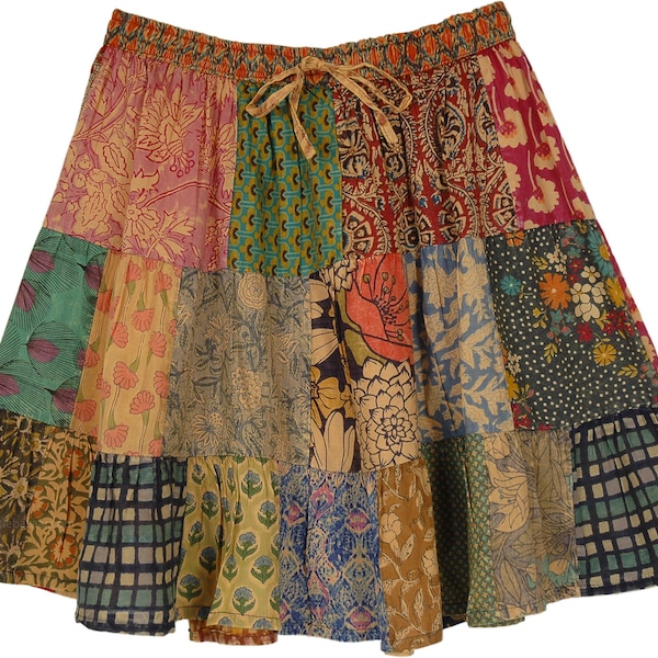 Gemischte Blumen Baumwolle Patchwork Boho Sommer Kurzer Rock Elastische Taille
