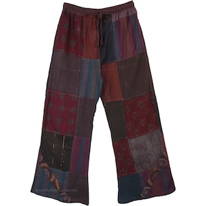 Pantalones de verano con bolsillos laterales y diseño de patchwork de algodón hechos a mano en tonos tierra