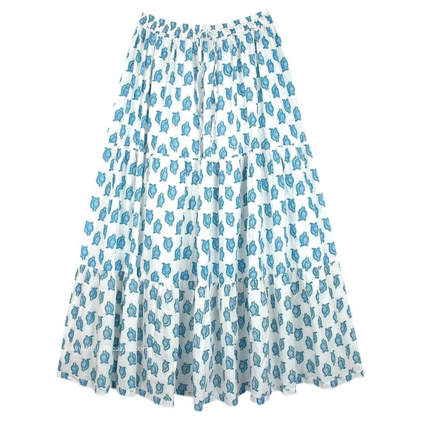 Verano Algodón Maxi Falda Larga Completa en Blanco con Estampado Leafy