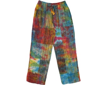 Tie Dye on Striped Cotton Fabric Rainbow Hippie Lounge Patchwork Cotton Summer Boho Pants with Pockets