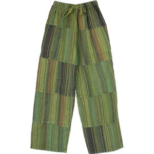 May include: Green patchwork pants with a drawstring waist. The pants feature a variety of green shades and vertical stripes, creating a unique, textured appearance. The casual style is suitable for everyday wear.