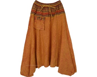 Stonewashed Hippie  Unisex Cotton Aladdin Harem Pants with Colorful Waist Band in Orange and Brown