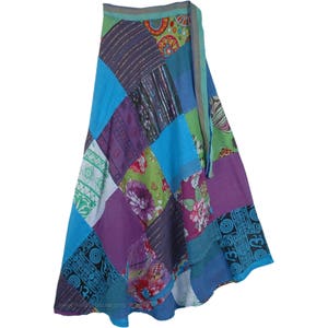 Rhythmic Hippie Floral Patchwork Wrap Around Skirt in Cool Tones Long Ankle Length Summer Wear