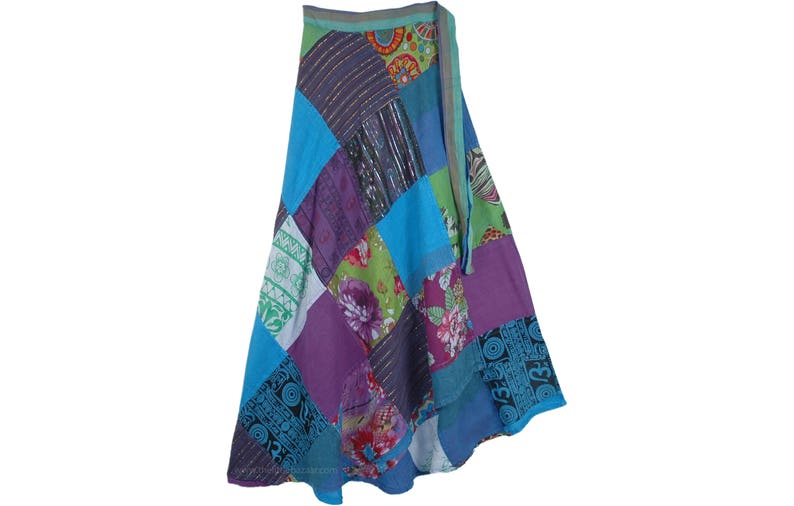 Rhythmic Hippie Floral Patchwork Wrap Around Skirt in Cool Tones Long Ankle Length Summer Wear