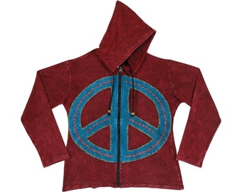 Handgemaakte katoenen herfstjas Hippie Peace Maker-hoodie met borduursel en ritssluiting