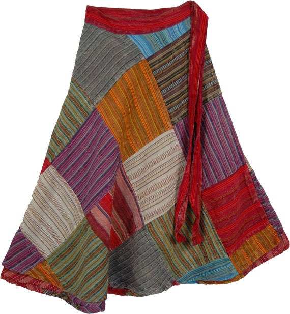 Striped Patchwork Nepal Cotton Knee Length Wrap Around Skirt | Etsy