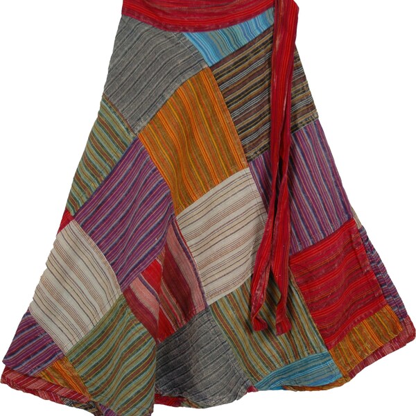 Striped Patchwork Nepal Cotton Knee Length Wrap Around Skirt for Summer