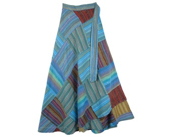 Long Cotton Boho Wrapper Skirt in Blue Summer Wrap Skirt in Patchwork