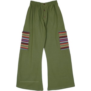 Boho Hippie Cargo Style Box Pocket Wide-Leg Cotton Pants Trousers in Fern Green Elastic Waist