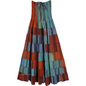 Tiered Cotton Long Skirt or Dress with Smocked Waist in Blue and Rust Praire Skirt