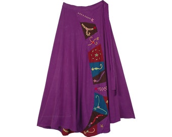 Strick Jersey Baumwolle knöchellanger Wickelrock in Aubergine Lila mit Stickerei XL-XXL