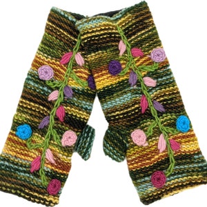 Old School Hand Knitted Fingerless Hand and Wrist Warmers with Floral Embroidery in Wool and Fleece Lined