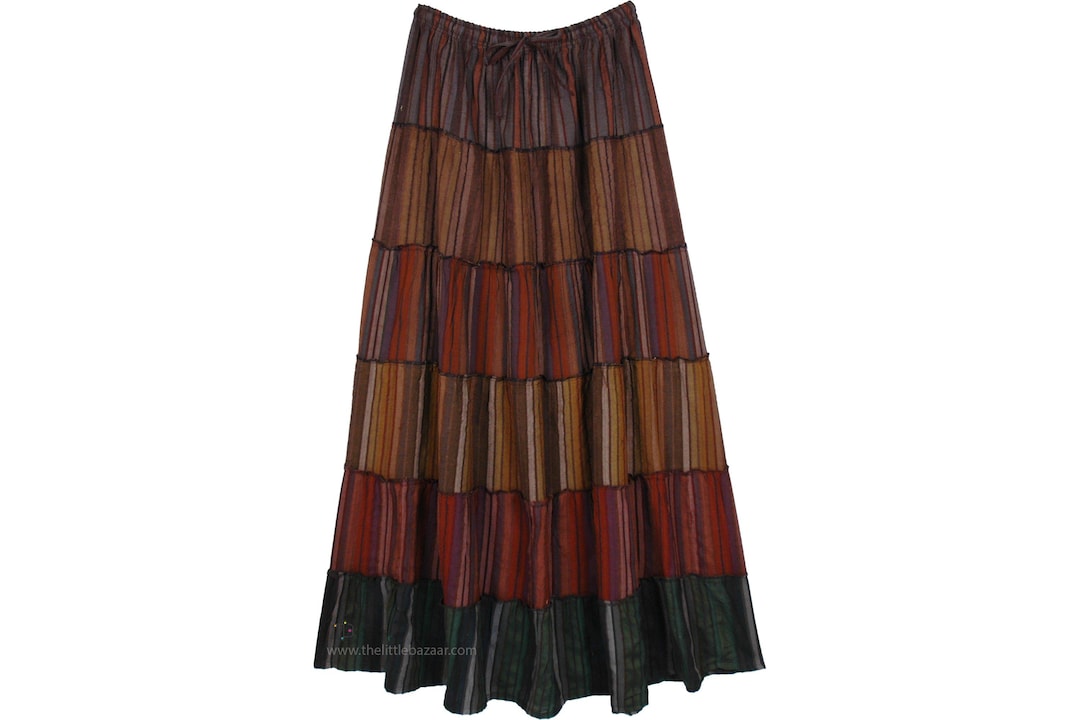 Long Tiered Cotton Patchwork Cotton Maxi Skirt Bohemian Skirt - Technical View