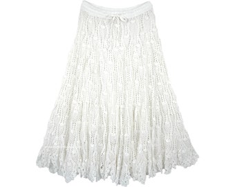 Scalloped Hem Full Pure White Cotton Crochet Women's Skirt Lined and with Elastic Waist