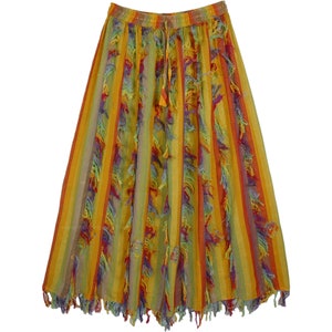 Boho Hippie Vertical Fringe Ankle Length Cotton Skirt in Seven Color Stripes