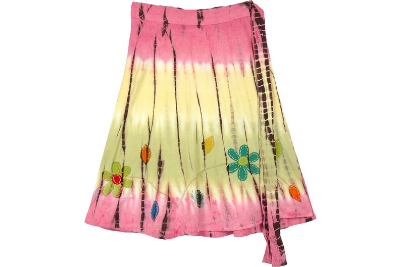 Knit Cotton Tie Dye Knee Length Short Wrap Around Skirt with Hand Cut Floral Appliques