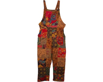 Cotton Patchwork Dungarees in Sunset Colors Mixed Prints Hippie Boho Jumpsuit S to XXL Size Available