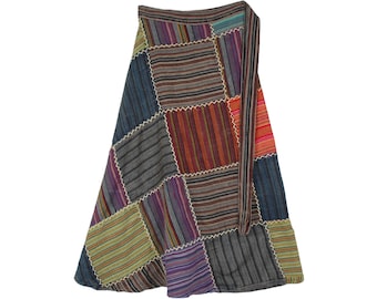 Stripes Patchwork Mid Length Cotton Wrap Around Womens All Season Skirt Hippie Boho Style