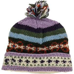 Hand Knitted in the Himalayas Pure Wool Multicolored Winter Beanie Hat with PopPom with Fleece Lining Extra Warm