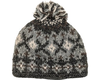 Handstickad ullmössa med pompom, unisex fleecefodrad vintermössa