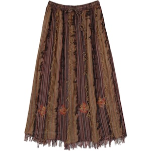 Vertical Patchwork Cotton Long Skirt with Thread Fringes and Embroidery in Brown