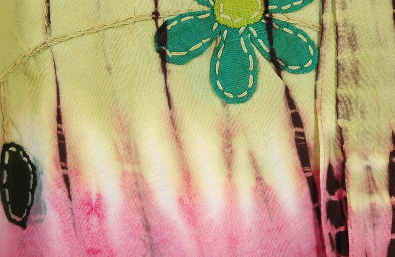 Knit Cotton Tie Dye Knee Length Short Wrap Around Skirt with Hand Cut Floral Appliques