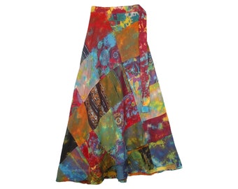 Rhythmical Patchwork Long Skirt in Tie Dye and Printed Patches Wrap Style Boho Skirt