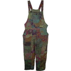 Green Earthen Patchwork Cotton Jumpsuit Dungaree Overalls with Side and Bib Pockets