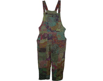 Green Earthen Patchwork Cotton Jumpsuit Dungaree Overalls with Side and Bib Pockets
