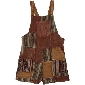 Hippie Heavy Fabric Cotton Patchwork Romper in Earth Tones with Pockets One Size Small to Medium Fit