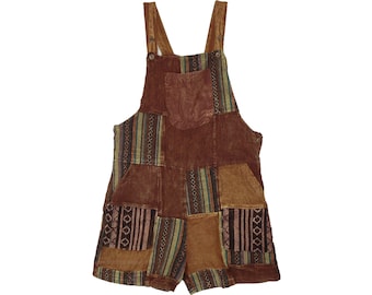 Hippie Cotton Patchwork Romper: Earth Tones, Pockets, S-M