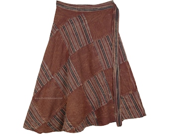 Brown Striped Square Patchwork Cotton Knee Length Wrap Around Skirt