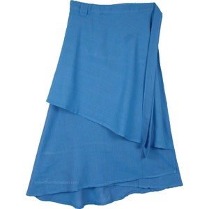 Wrap Around Solid Blue Double Layered Cotton Midi Length Skirt