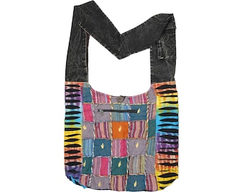 Boho Crossbody Bag with Patchwork EmbroideryTie Dye Razor Cut Detail Hippie Handbag in Multicolor and Black Cotton