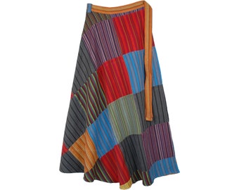 Falda larga cruzada de patchwork a rayas de algodón tejido multicolor para todas las estaciones, estilo hippie chic