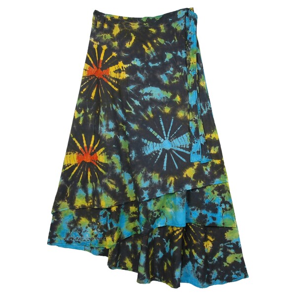 Grote maten katoenen zomeromslagrok in geel en turkoois tie-dye op zwart