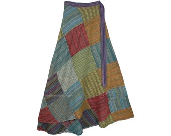Green Earthen Patchwork Long Wrap Bohemian Skirt Cotton
