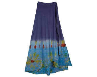 Blue Celestial Tie Dye Wrap Around Long Cotton Knit Summer Skirt for Women