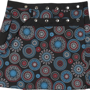 Button Snap Wrap Black and Blue Mandala Printed Cotton Short Skirt