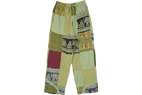 Elephant Printed Patchwork in Pistachio Green Cotton Hippie Pants Lounge Pants with Side Pockets