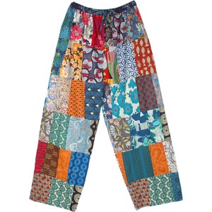 Mixed Florals Patchwork Cotton Hippie Lounge Unisex Pants Summer Fun Pants with Pockets and Elastic Waist