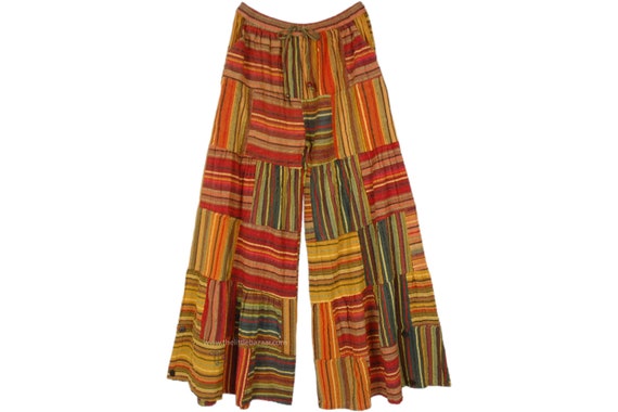 Citrus Paradise Cotton Striped Patchwork Wide Leg Lounge Pants in