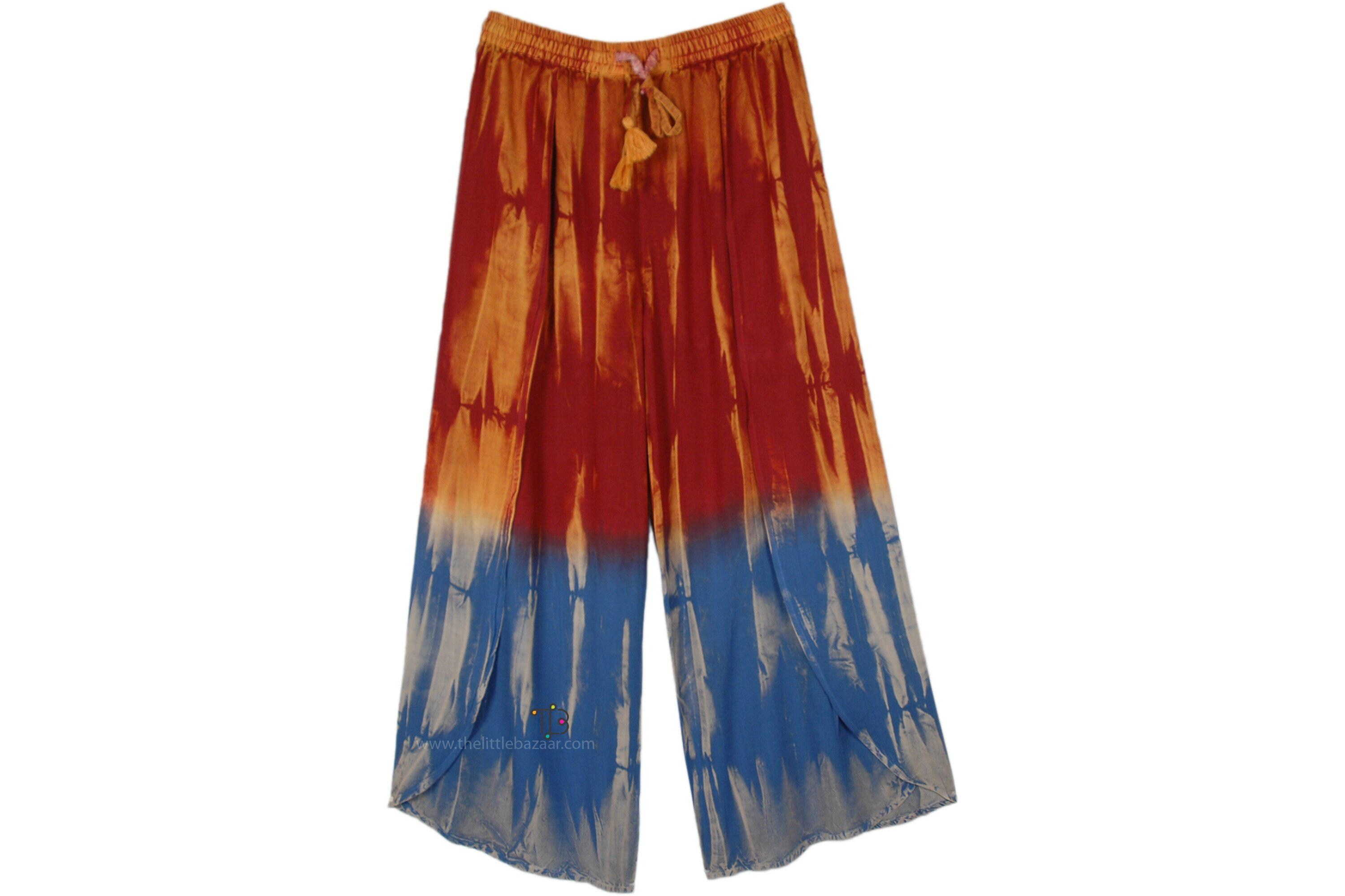 Tie Dye High Cut Slit Leg Pants Bohemian Wide Leg Beachy Pants