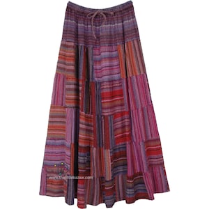Paarse roest gestreepte katoenen patchwork hippie lange rok elastische taille enkellange boho festivalrok