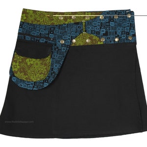 Snap Button Wrap Around Mini Skirt in Black Cotton with a Fanny Pack in Green and Blue