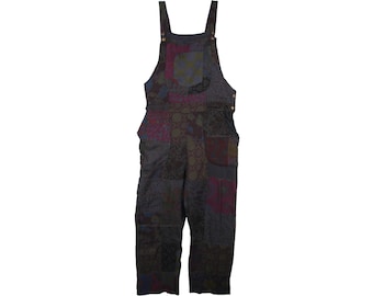 Pull en coton salopette combinaison hippie bohème avec patchwork à fleurs bleu nuit