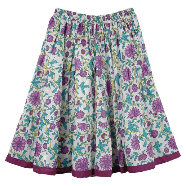 Falda completa de algodón estampado de algodón de flores púrpura de verano en longitud media